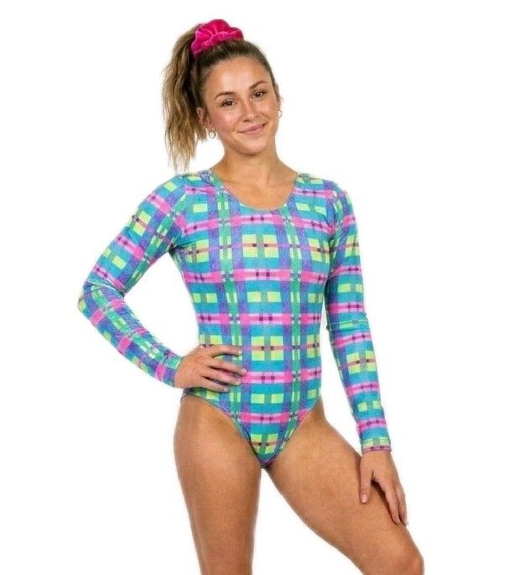 GK Elite VTG 90s Hot Pink Pastel Plaid LS Gymnastics Leotard Bodysuit AS Adult S